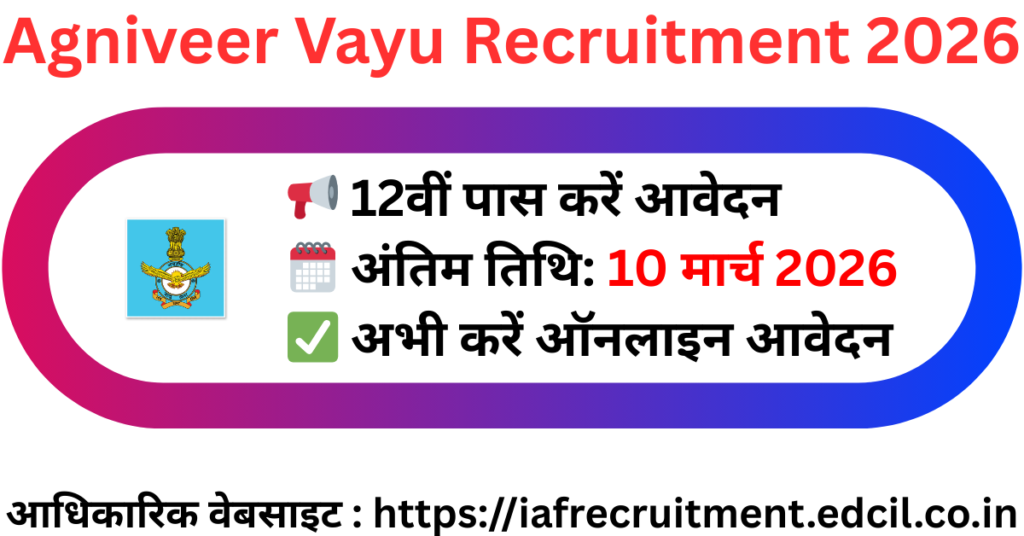 Agniveer Vayu Recruitment 2026: 12वीं पास के लिए वायुसेना में भर्ती, 10 मार्च तक करें आवेदन